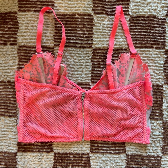 Victoria's Secret VS Neon Pink beige Floral Lace Mesh Bustier Bra Top Lattice - Picture 2 of 3